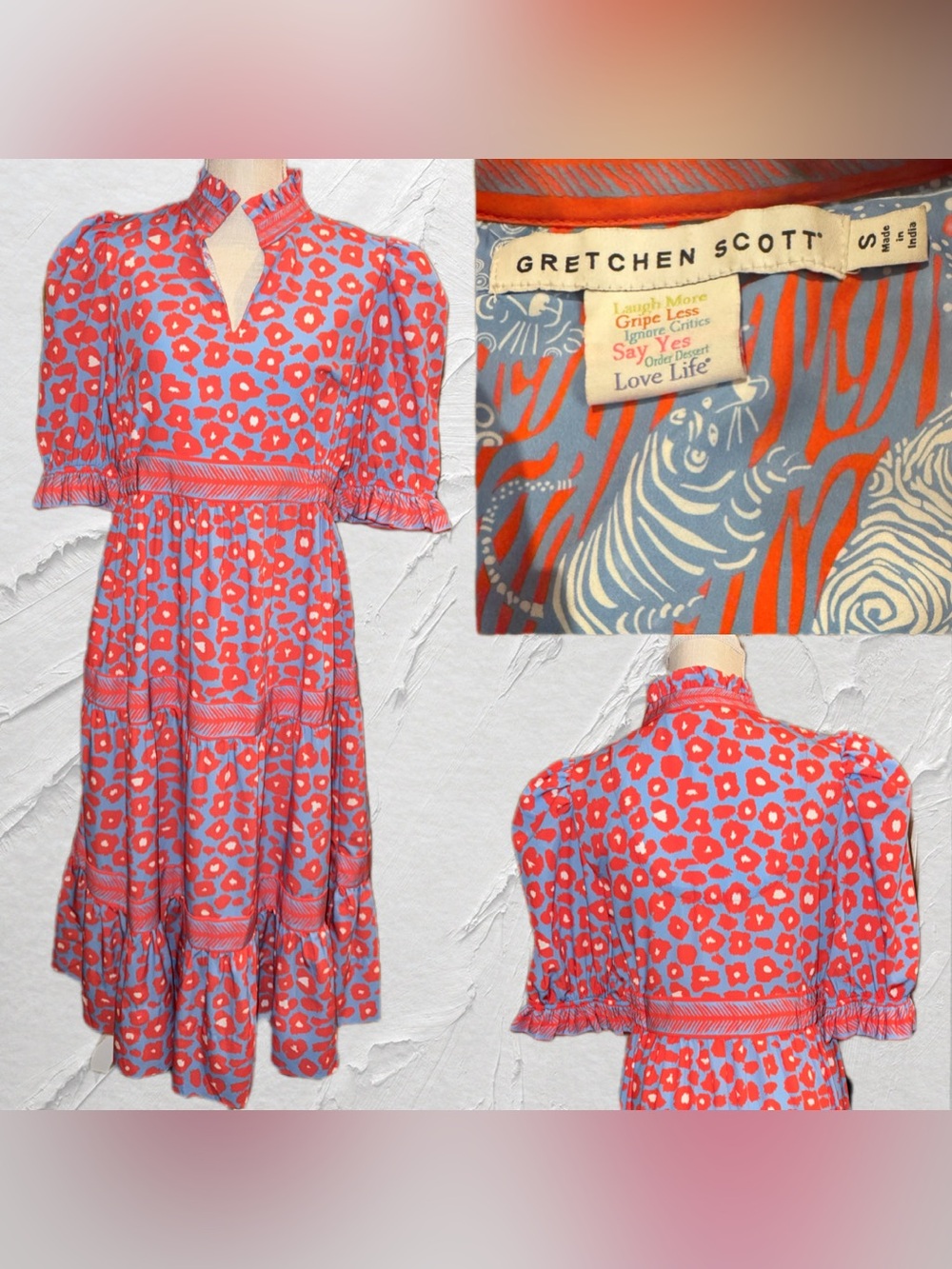 Gretchen Scott Teardrop Maxi Dress Animal Print Blue Coral Ruffle Size S Preppy